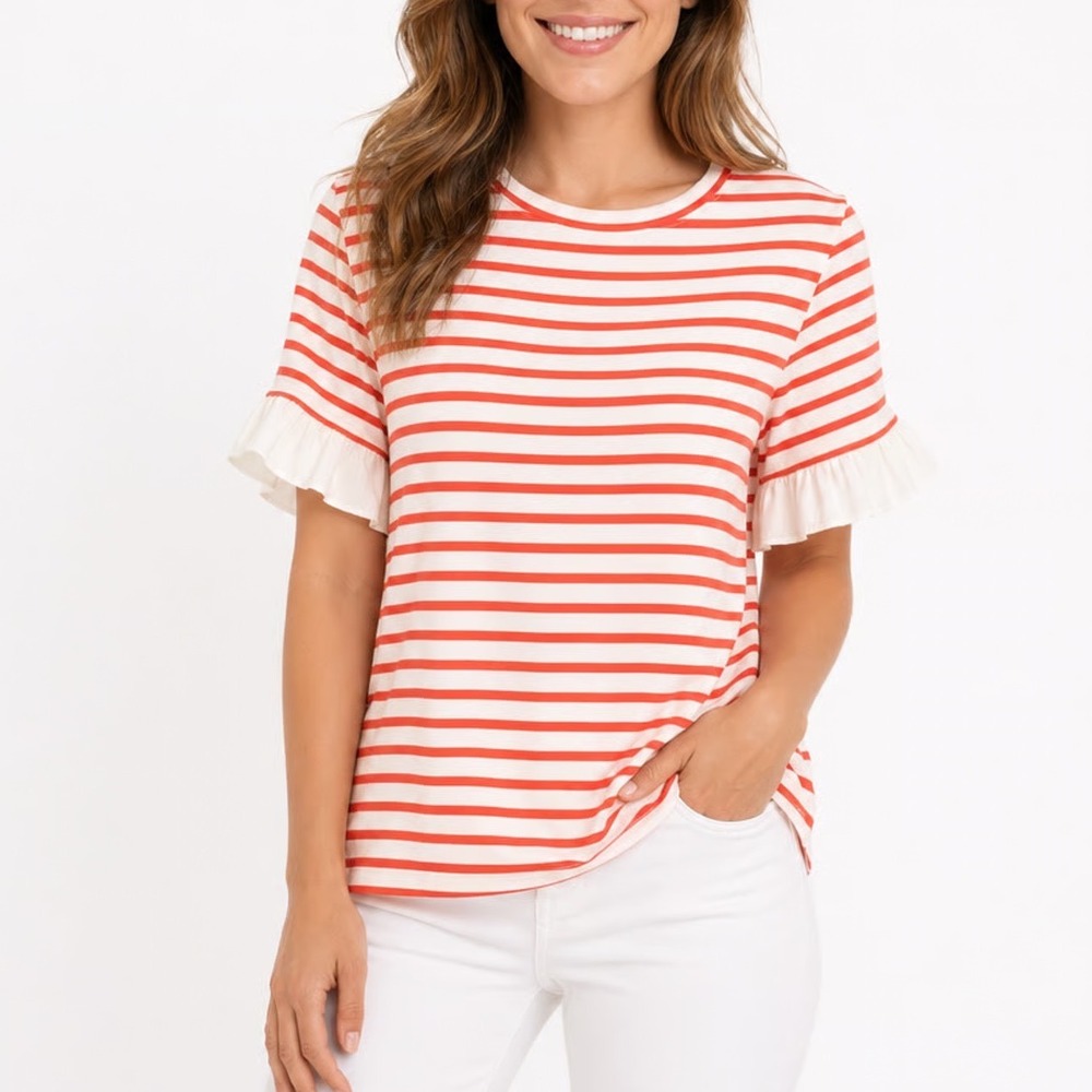 Tankaneo T-Shirt Womens Large Orange White Striped Cotton Stretch Ruffle Sleeve